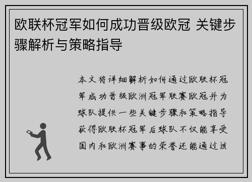 欧联杯冠军如何成功晋级欧冠 关键步骤解析与策略指导
